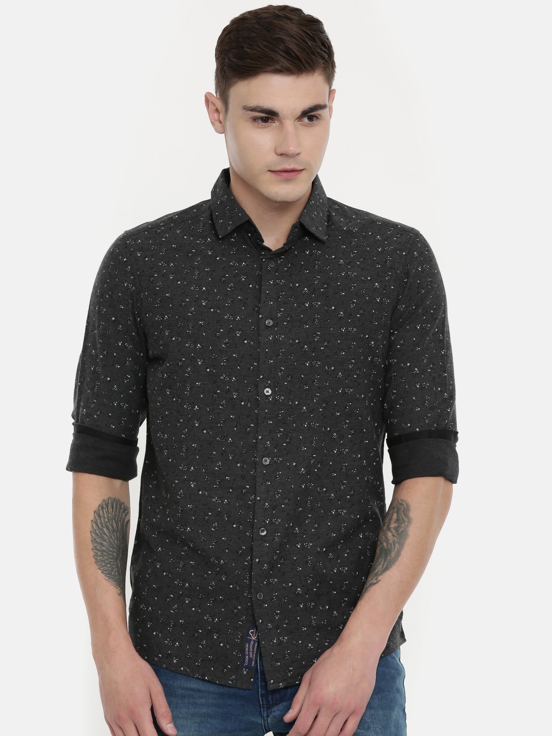 

Being Human Clothing Men Charcoal Grey & White Slim Fit Printed Casual Shirt
