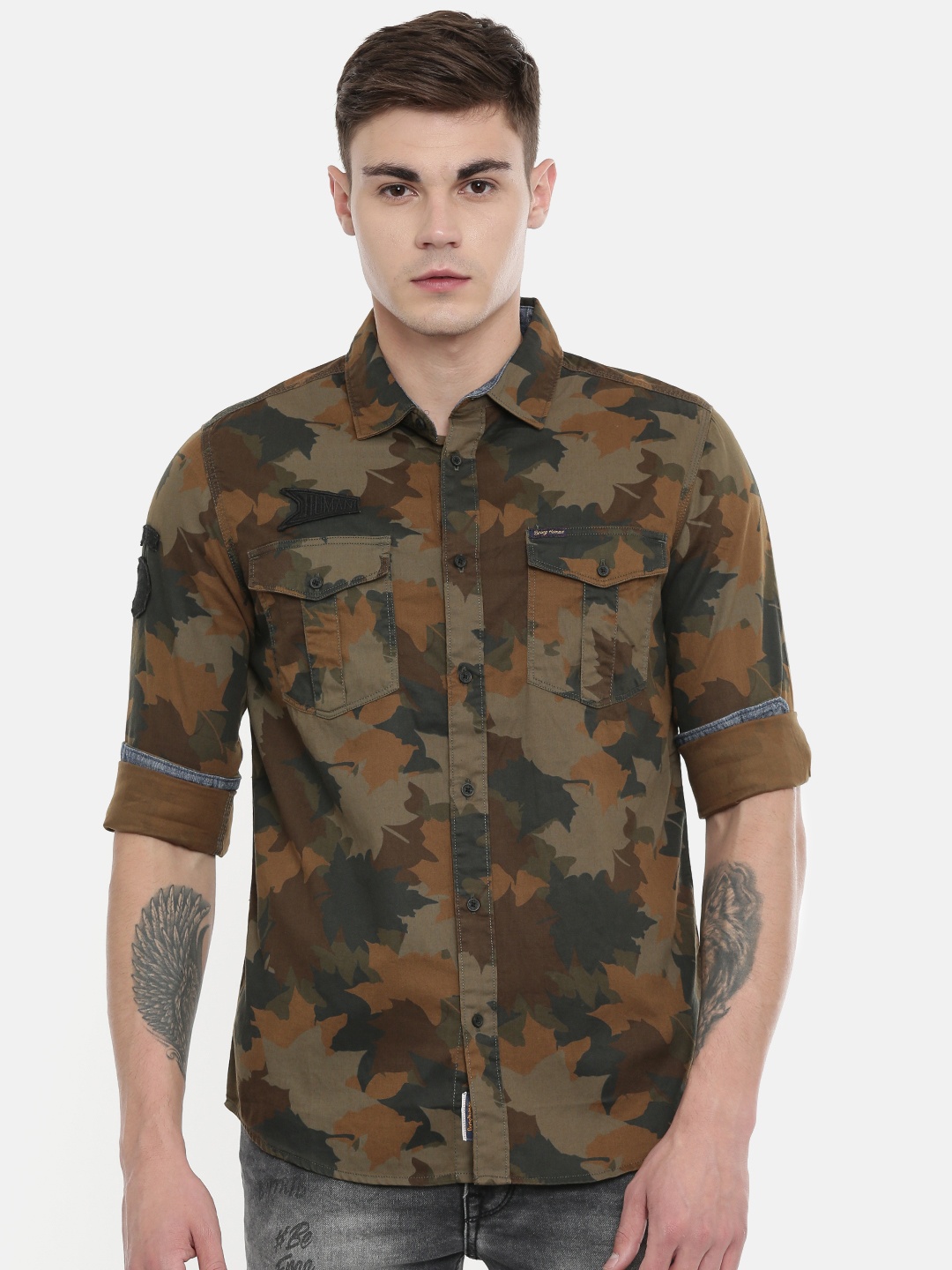 

Being Human Clothing Men Olive Green & Brown Regular Fit Printed Casual Shirt