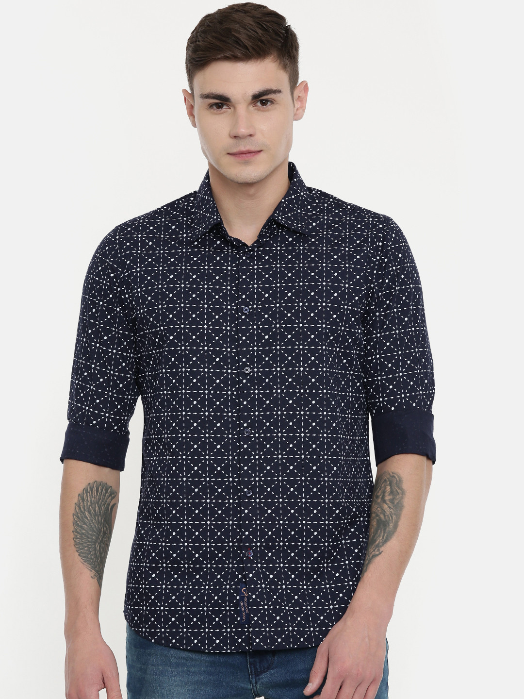 

Being Human Clothing Men Navy Blue & White Slim Fit Printed Casual Shirt