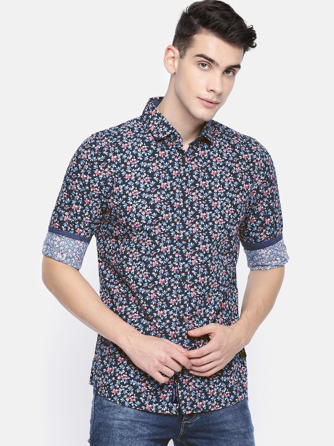 

Being Human Clothing Men Navy Blue & Orange Slim Fit Printed Casual Shirt