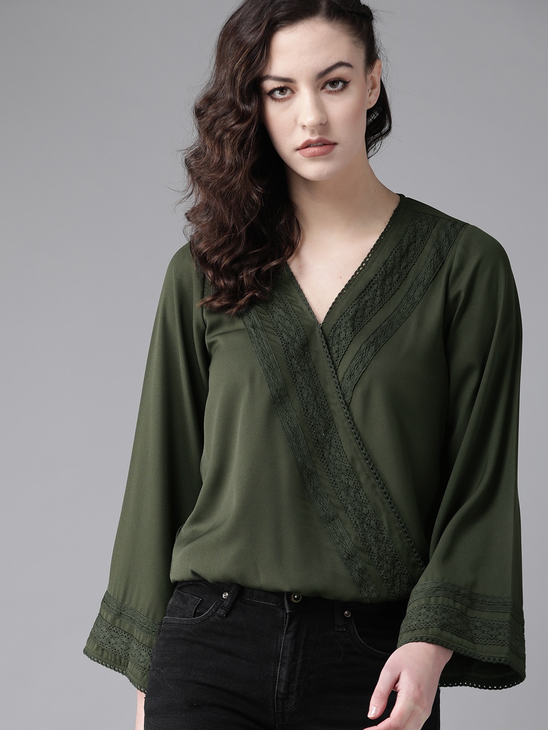 

Roadster Women Olive Green Lace Insert Wrap Top