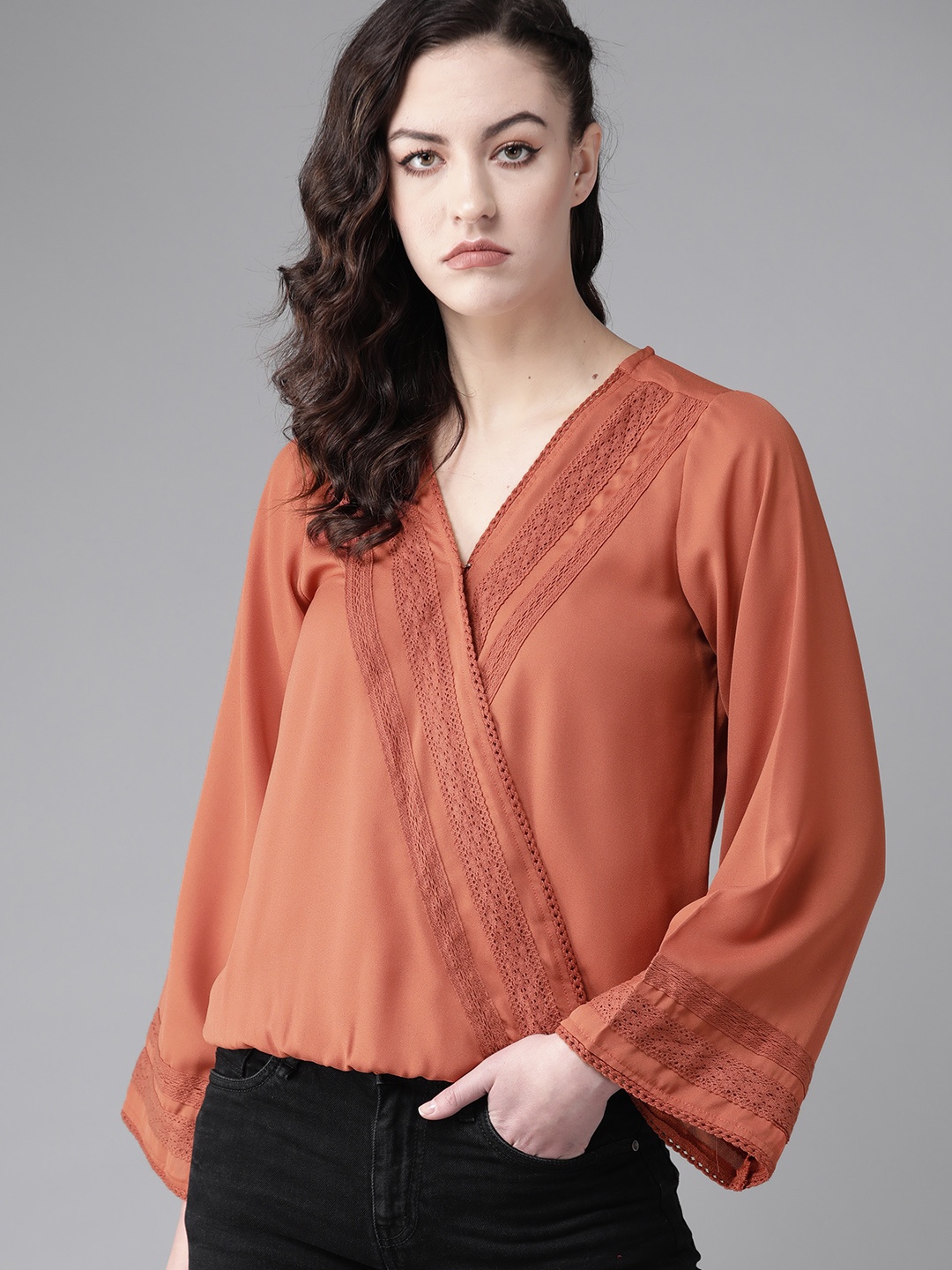 

The Roadster Lifestyle Co Women Rust Orange Solid Lace Insert Wrap Top