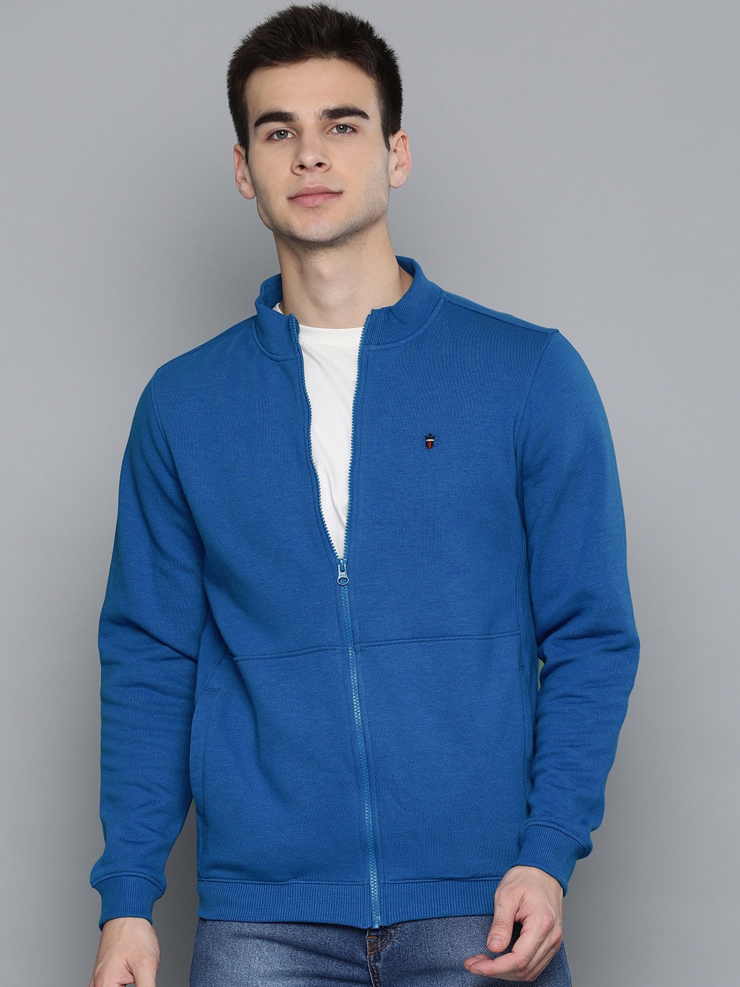 Louis Philippe Sport Men Blue Solid Front-Open Sweatshirt