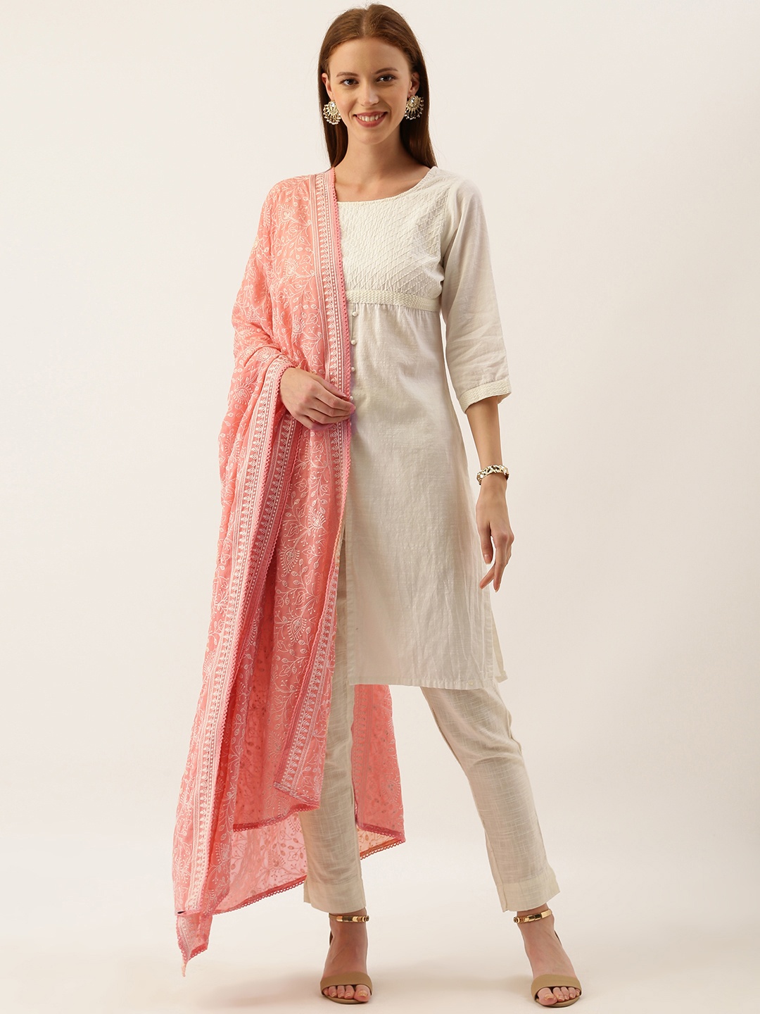 

House of Pataudi Pink & White Thread Work Dupatta