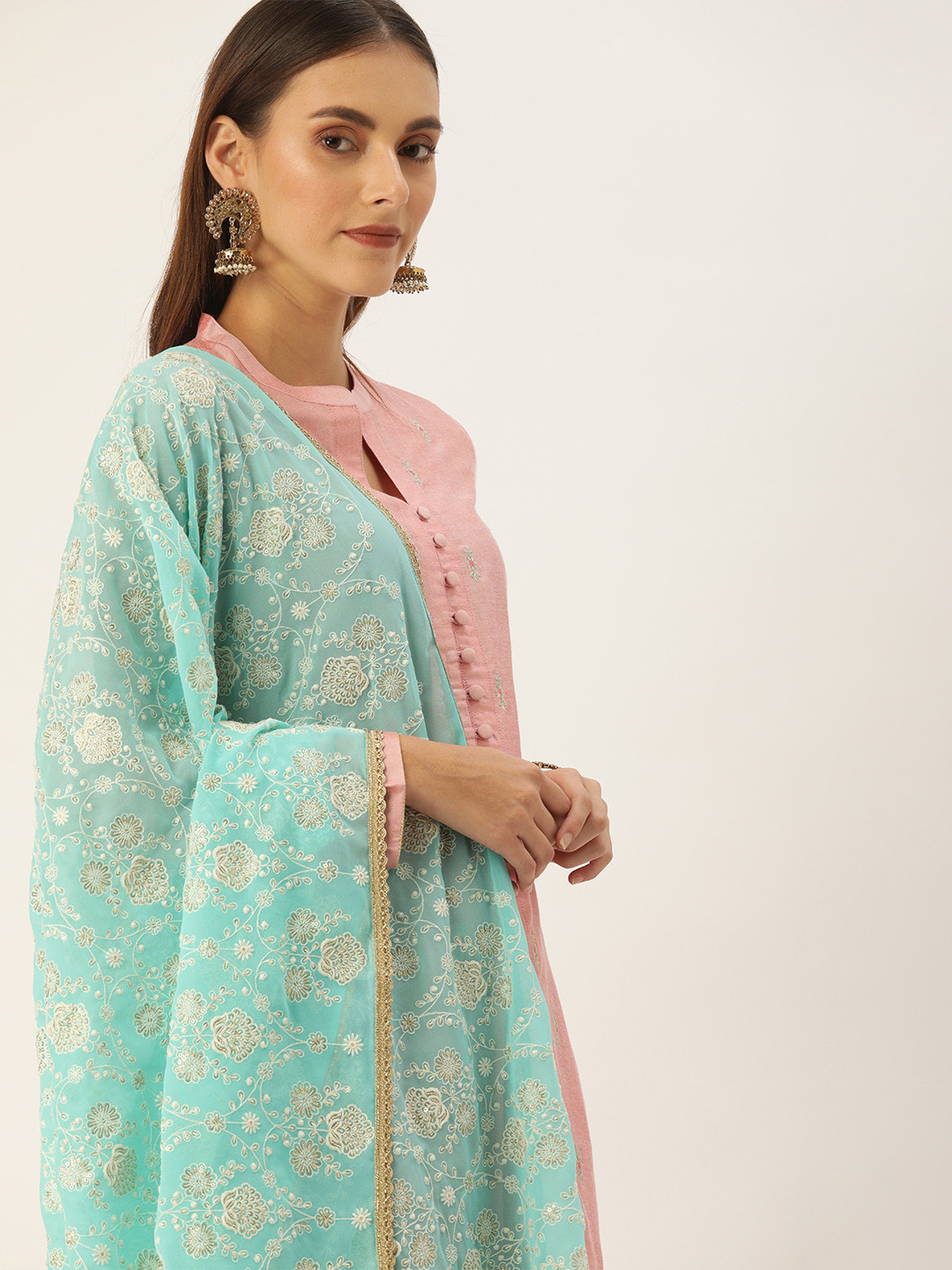 

House of Pataudi Turquoise Blue & Beige Ethnic Motifs Embroidered Dupatta