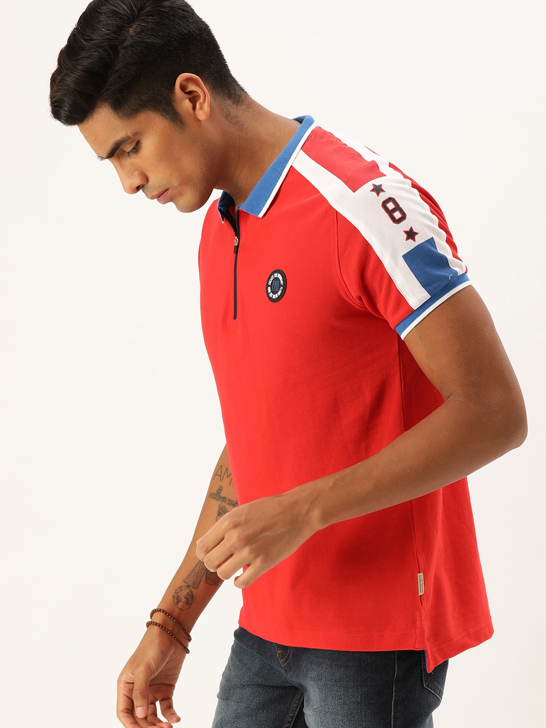 

Flying Machine Men Red Solid Polo Collar T-shirt With Printed Sleeves