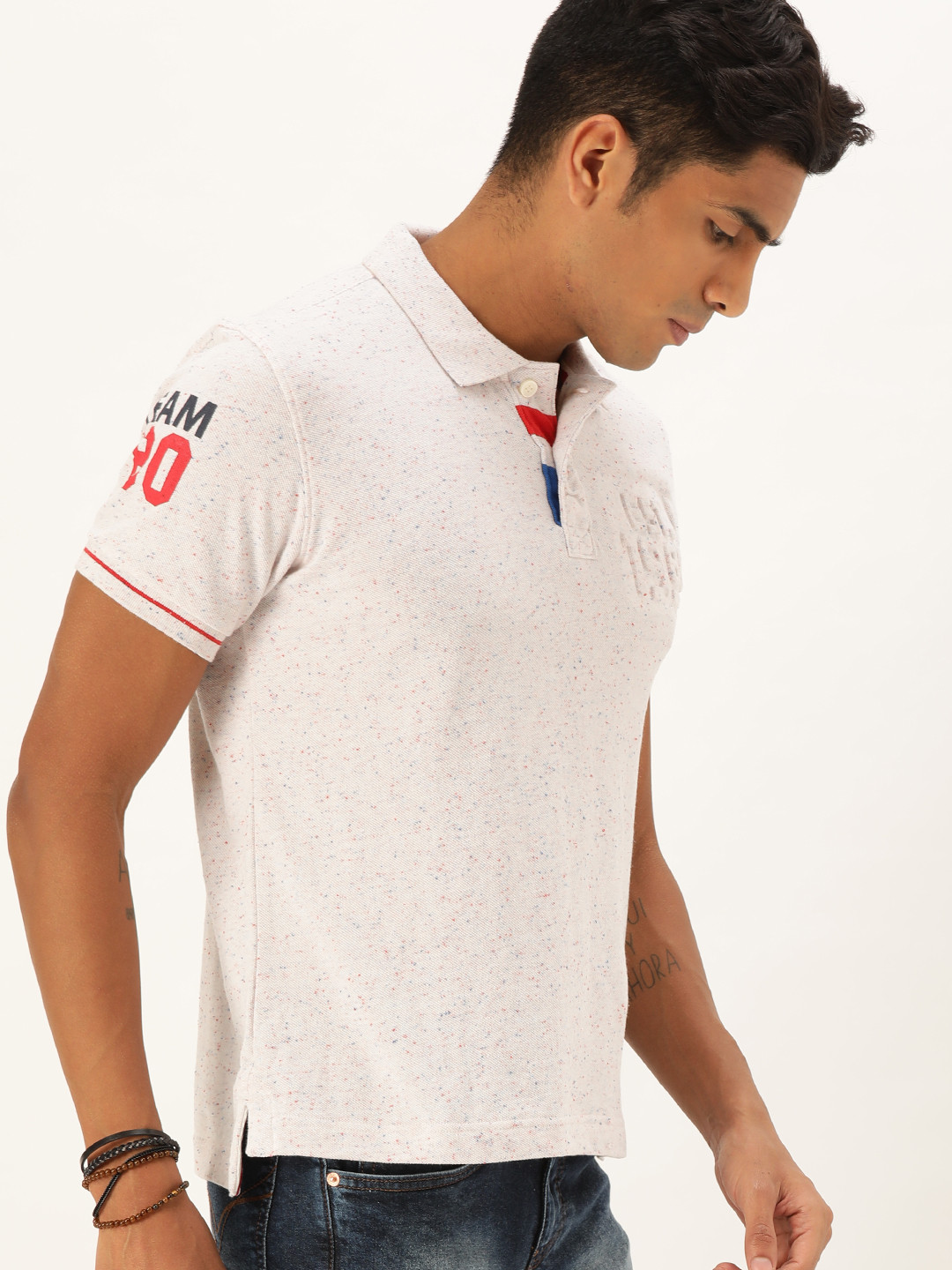 

Flying Machine Men White Melange Solid Polo Collar T-shirt With Printed Detailing