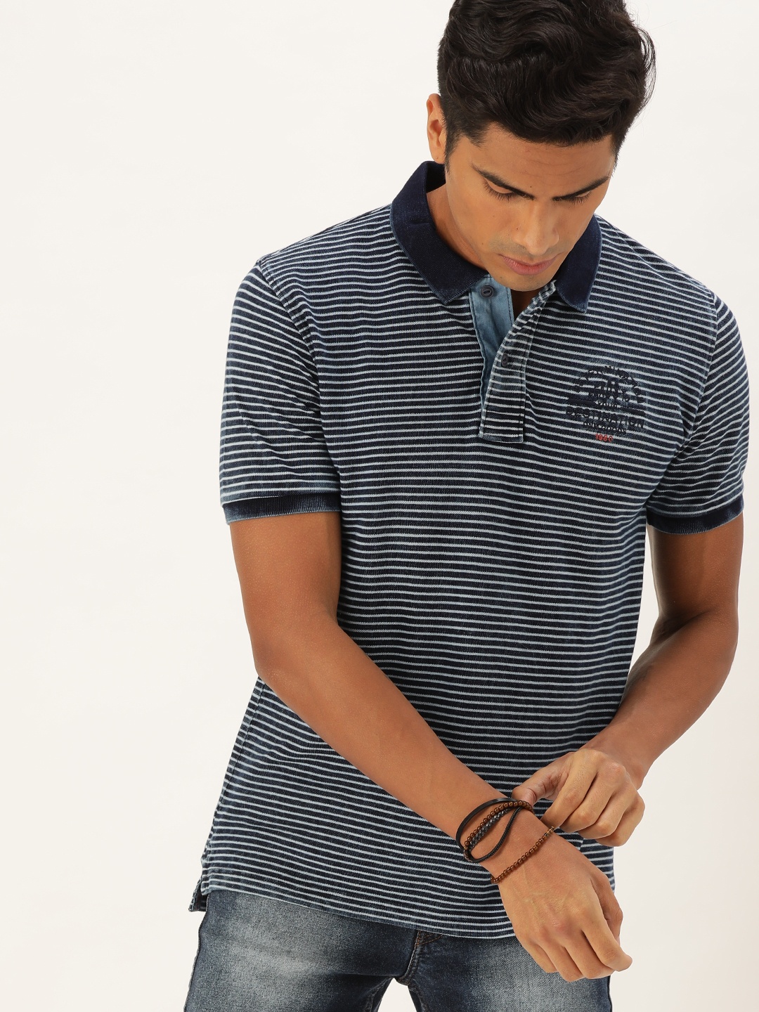 

Flying Machine Men Navy Blue White Striped Polo Collar Pure Cotton T-shirt