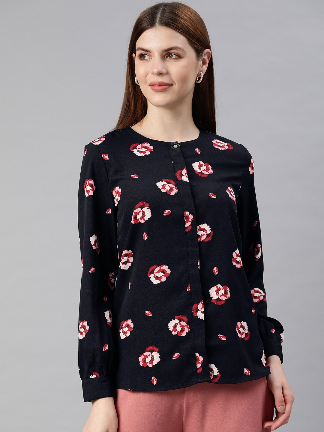 

Van Heusen Woman Navy Blue & Pink Regular Fit Printed Casual Shirt