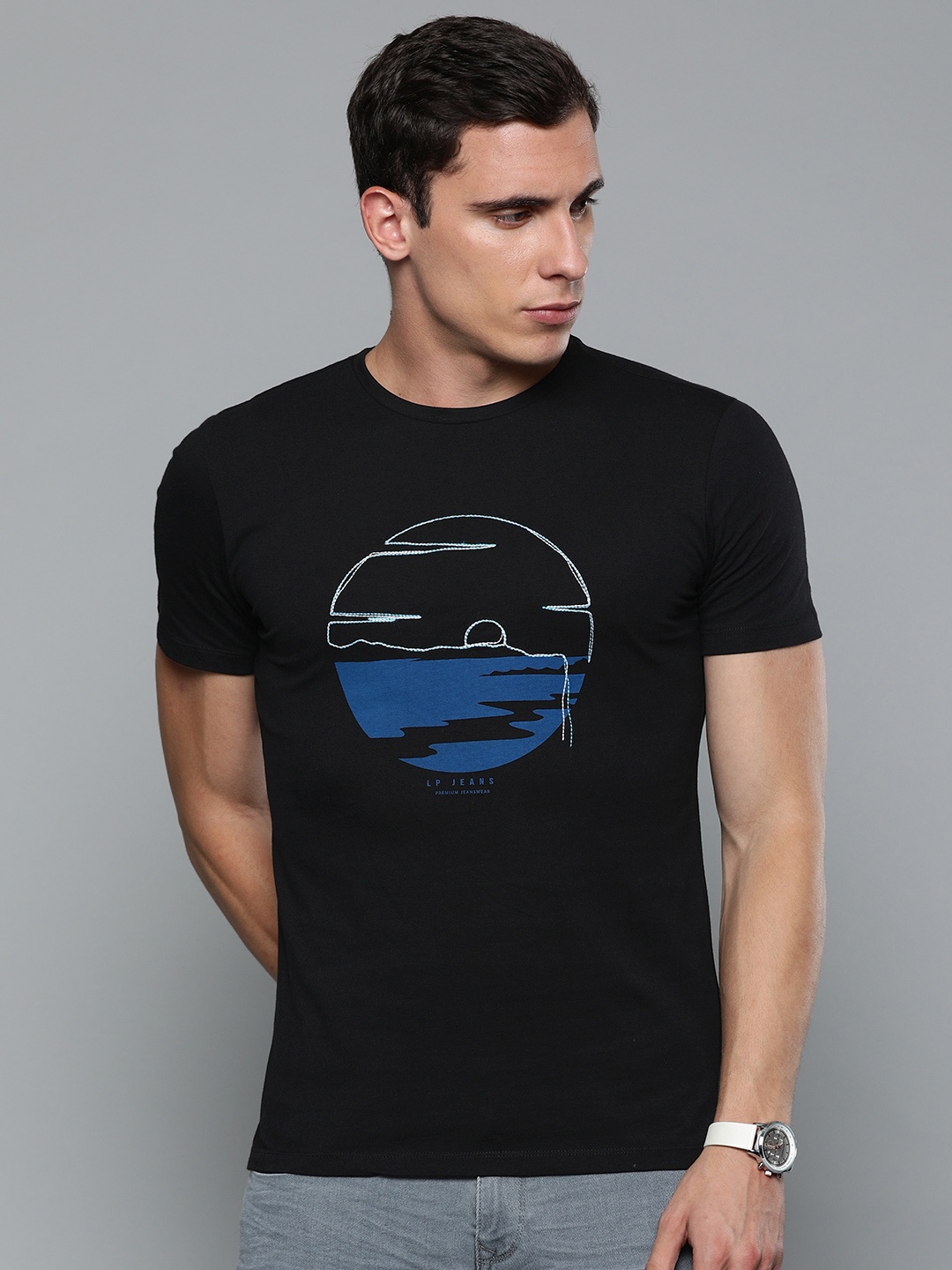

Louis Philippe Jeans Men Black Slim Fit Printed Round Neck Pure Cotton T-shirt