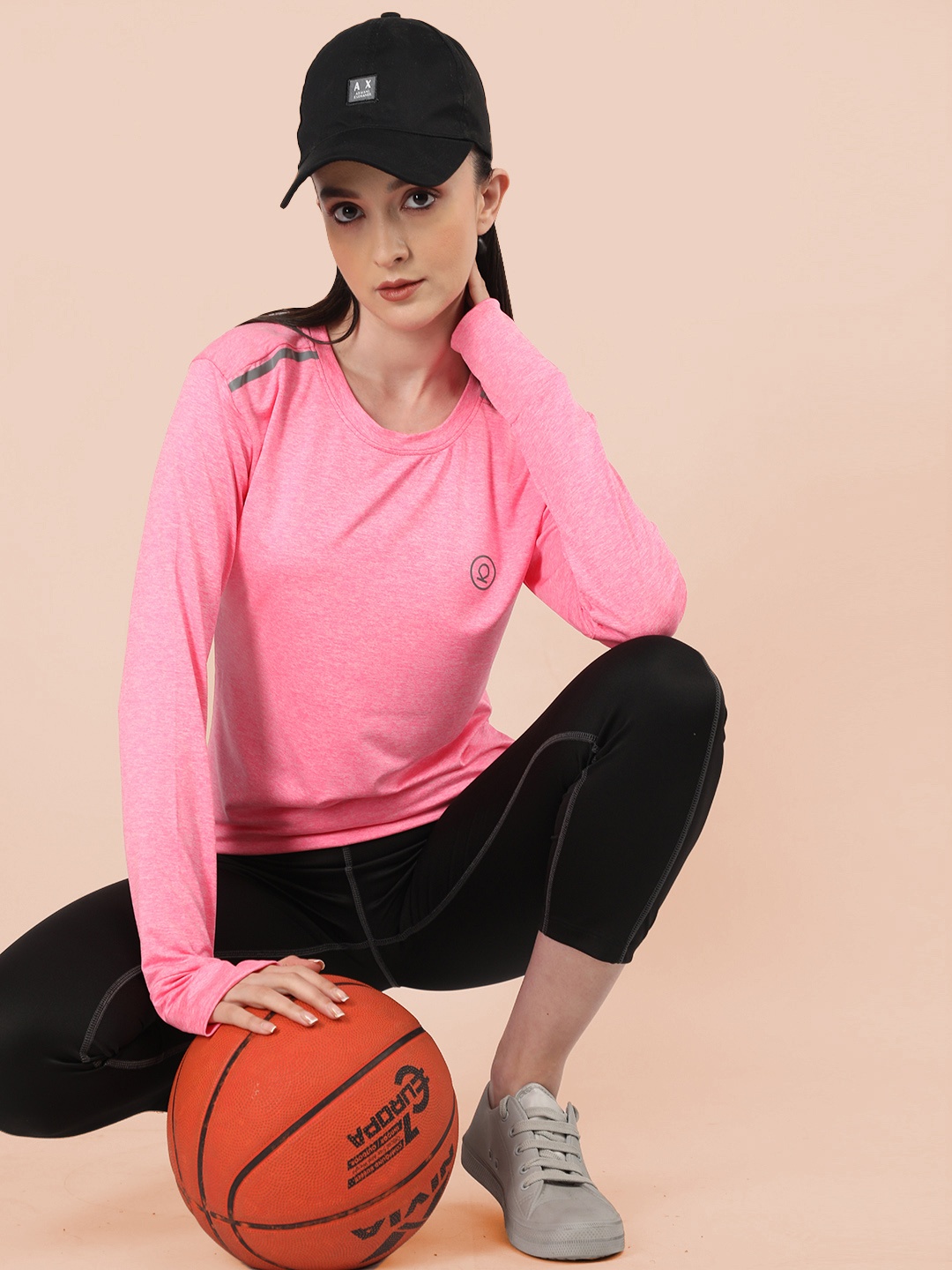 

CHKOKKO Women Pink Self Design Round Neck Training T-shirt
