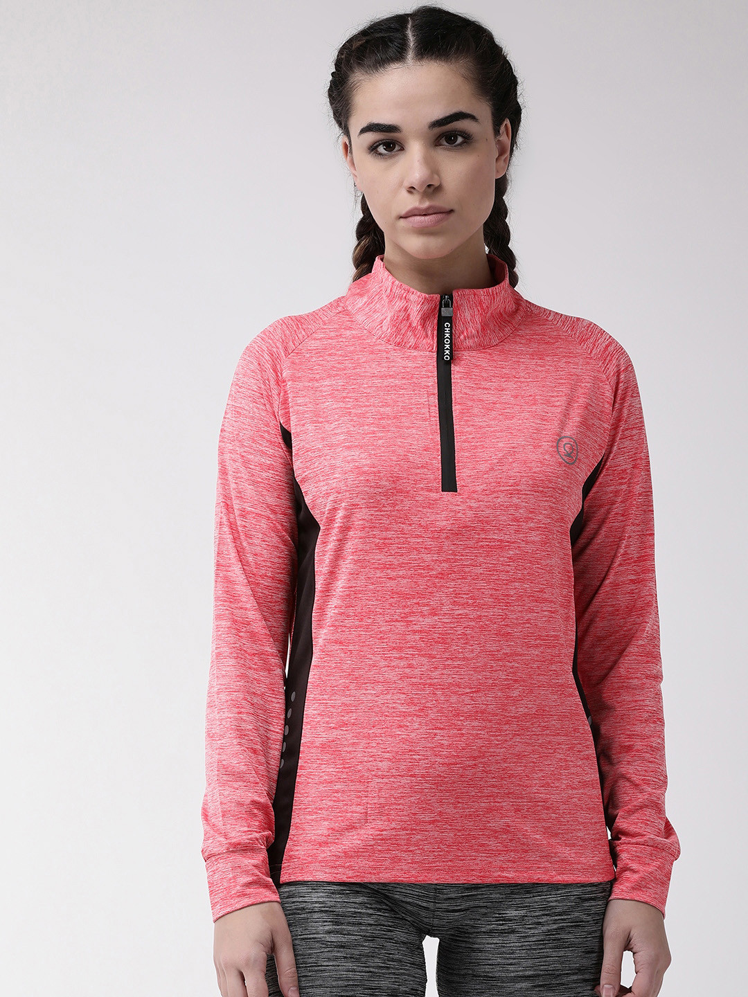 

CHKOKKO Women Pink Self Design High Neck Running T-shirt