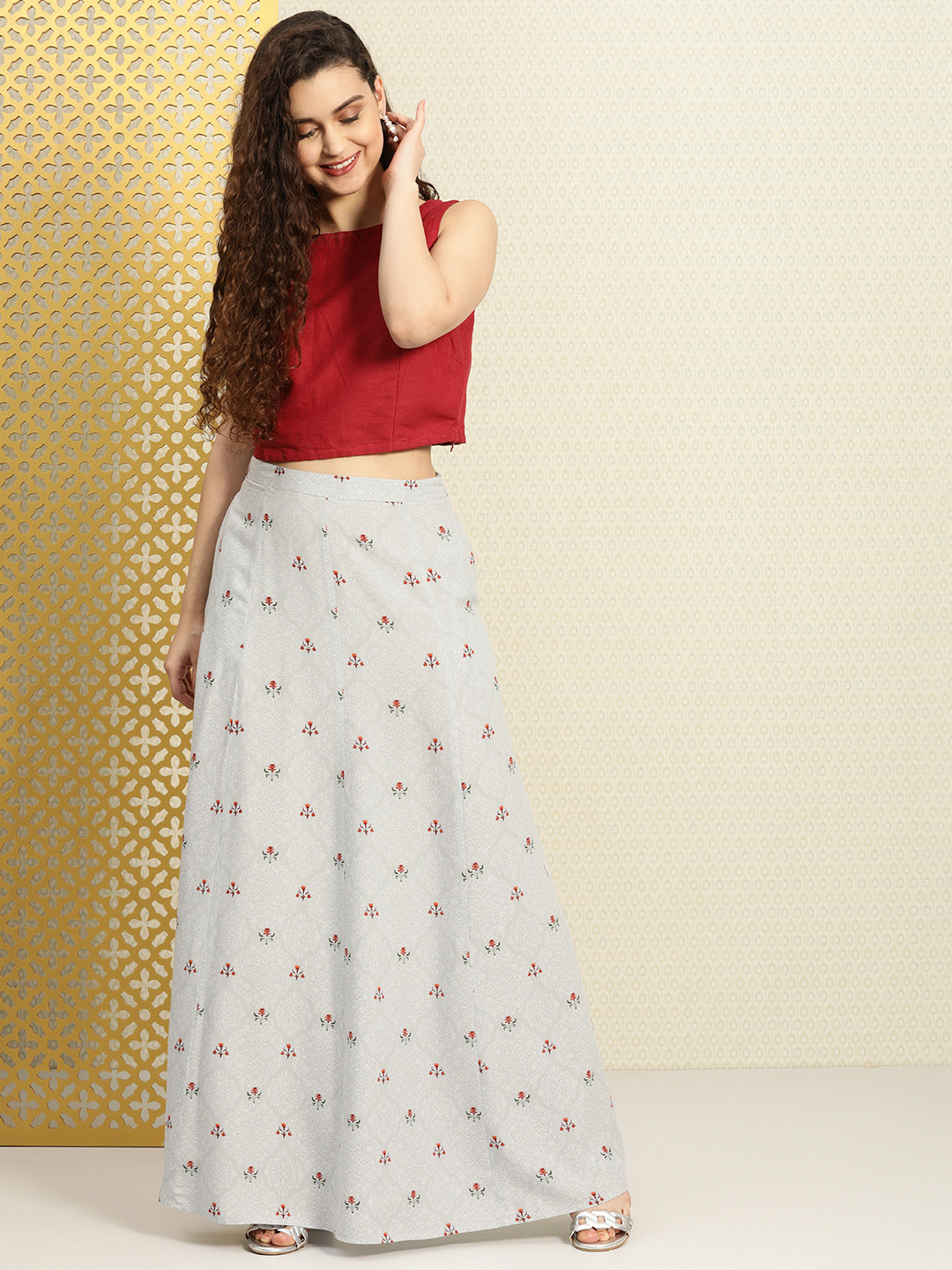 

House of Pataudi Women Grey & Red Printed A-Line Maxi Skirt