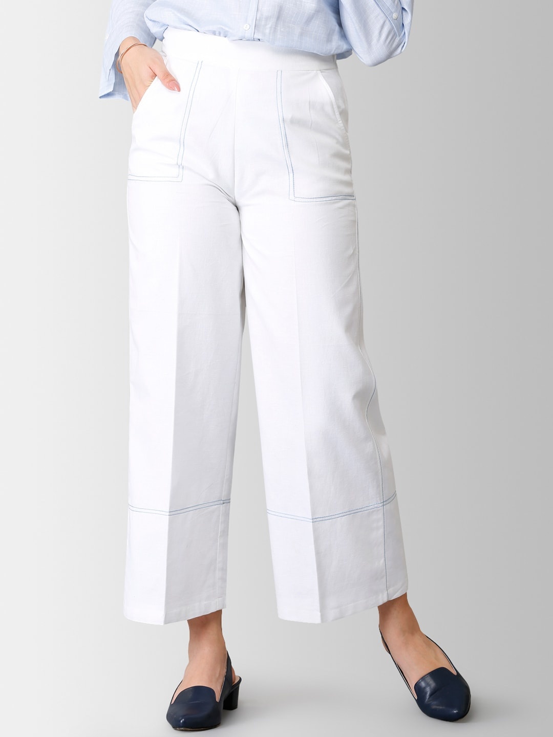 

FableStreet Women White Flared Solid Pure Linen Parallel Trousers