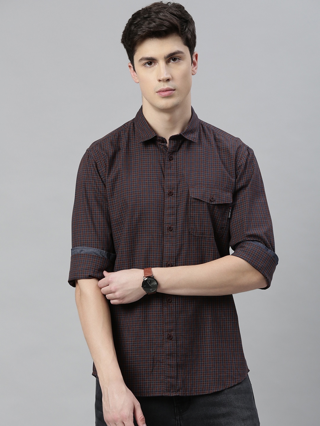 

Louis Philippe Jeans Men Brown & Grey Super Slim Fit Checked Casual Shirt