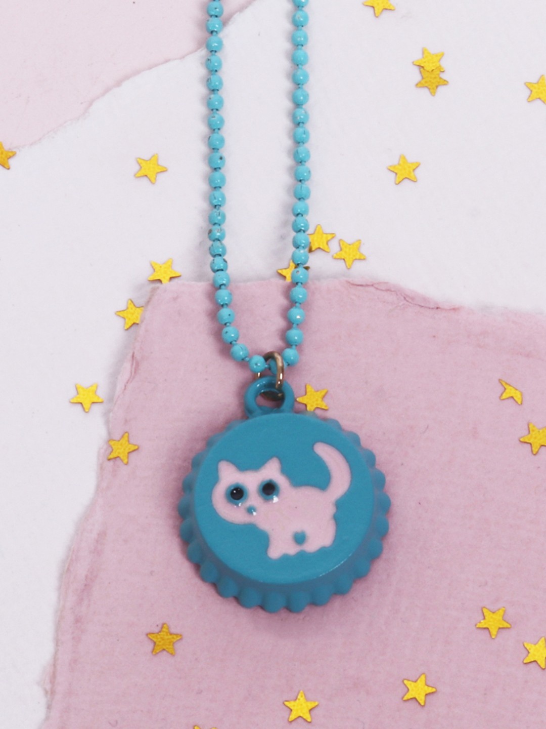 

lil' star Girls Turquoise Blue Bottle Cap Cat Enamelled Pendant with Chain
