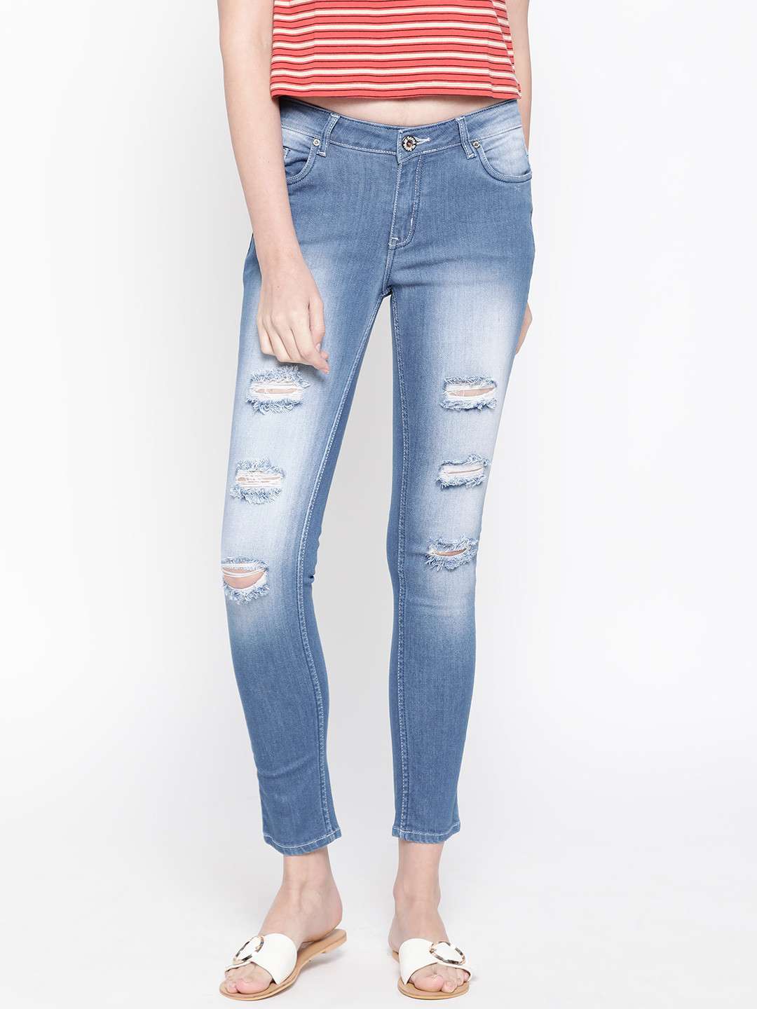 

urSense Women Blue Slim Fit Mid-Rise Mildly Distressed Stretchable Cropped Jeans