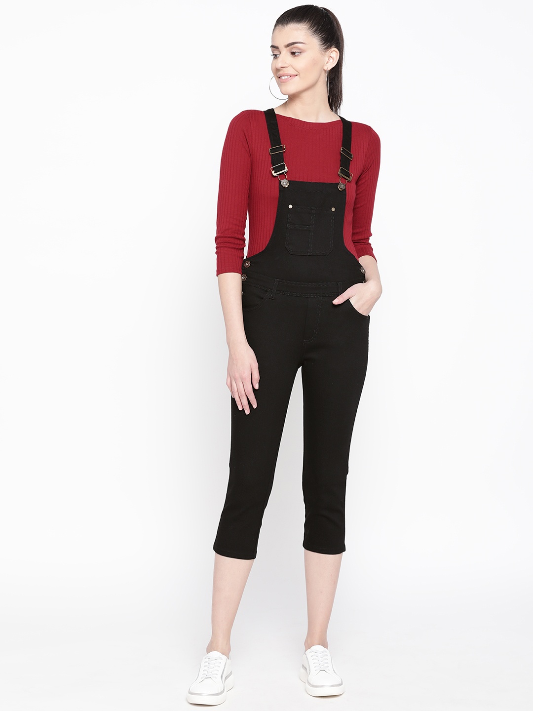 

urSense Women Black Solid Slim Fit Cropped Denim Dungarees