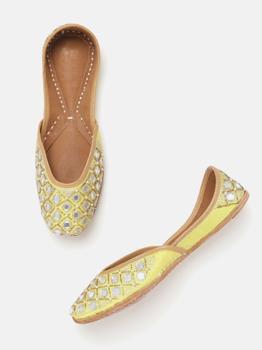 

Anouk Women Lemon Yellow & Silver-Toned Embellished Mirror Work Mojaris