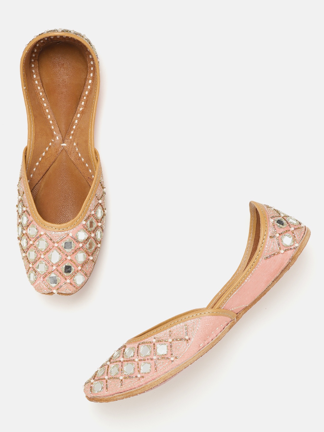 

Anouk Women Peach-Coloured & Silver-Toned Embellished Mirror Work Mojaris