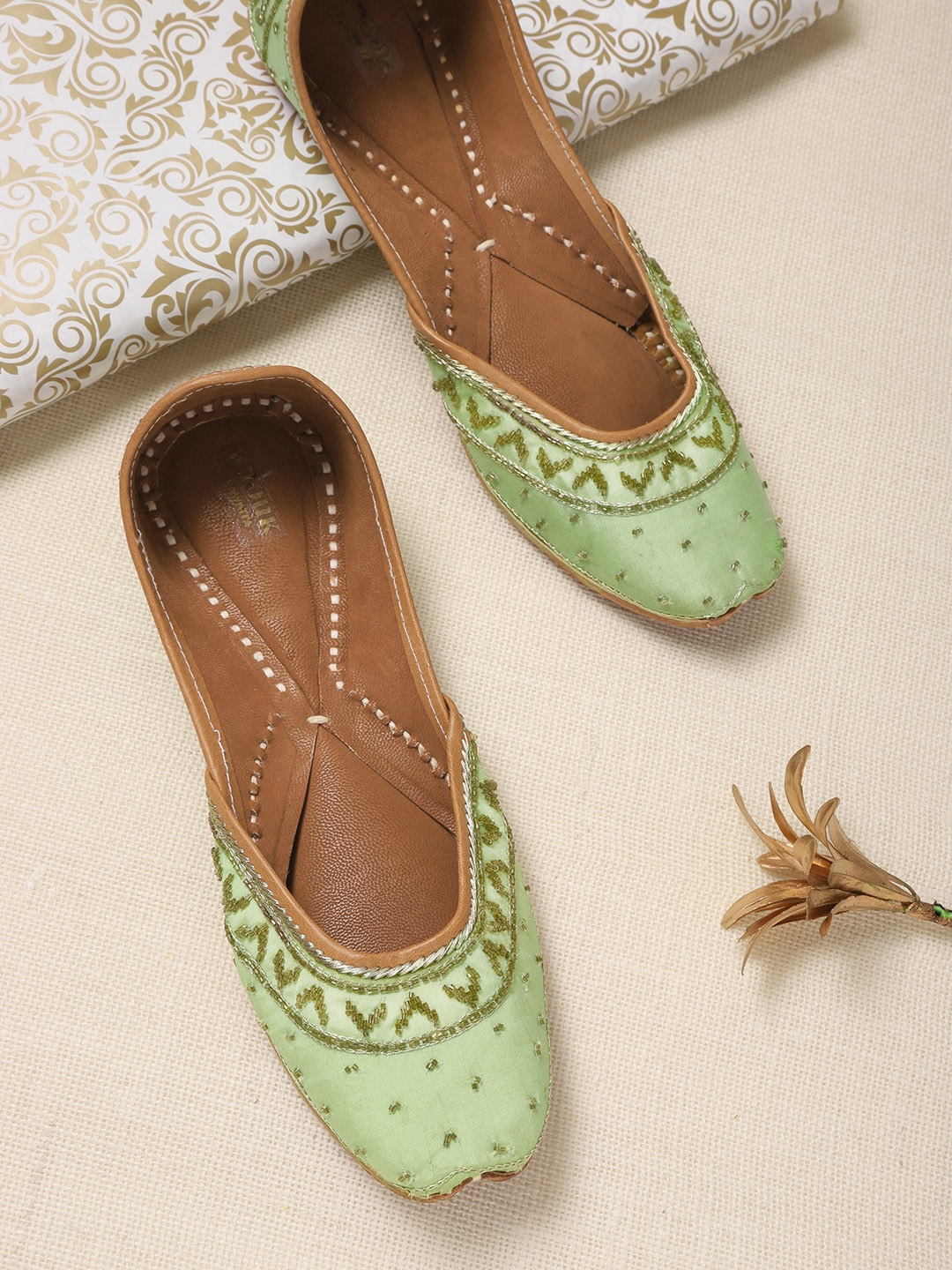 

Anouk Women Green Embellished Mojaris