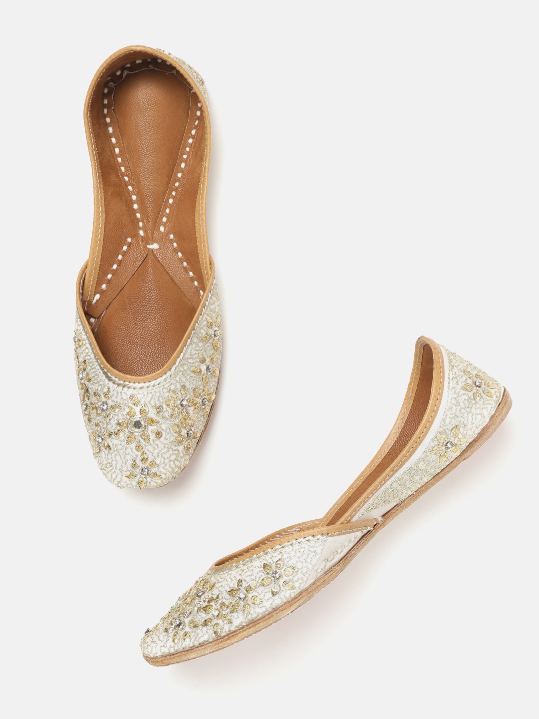 

Anouk Women Off-White & Gold-Toned Embroidered & Embellished Mojaris