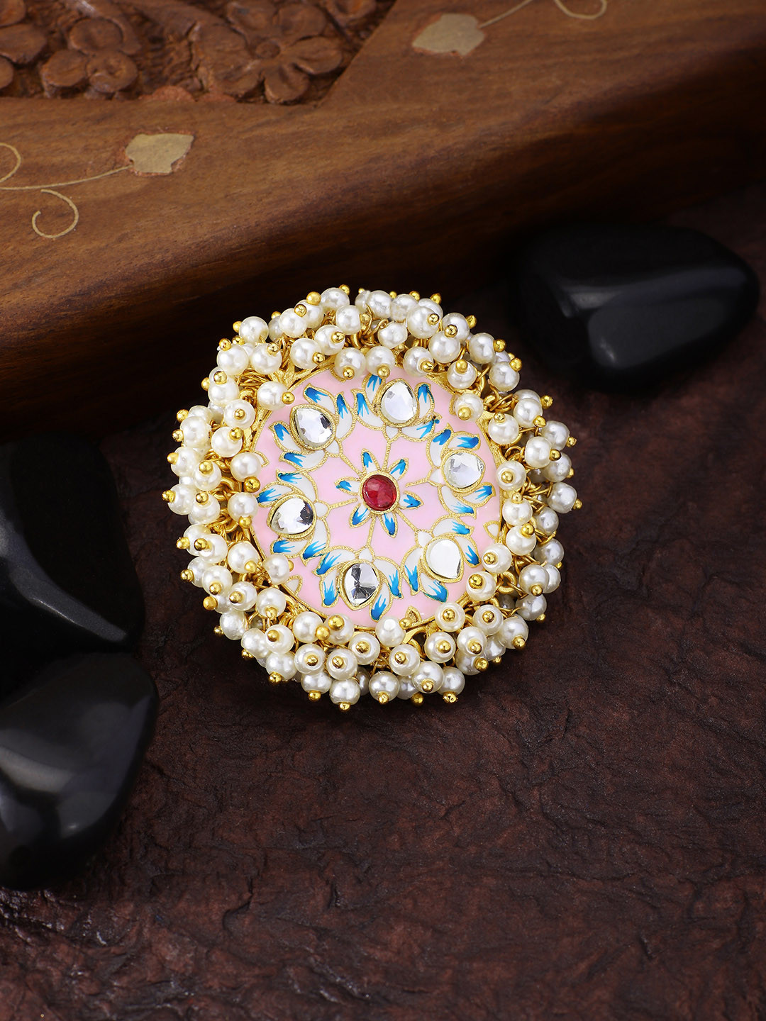 

Peora Women Gold-Plated & White Pearl Studded Enamelled Handcrafted Floral Design Ring
