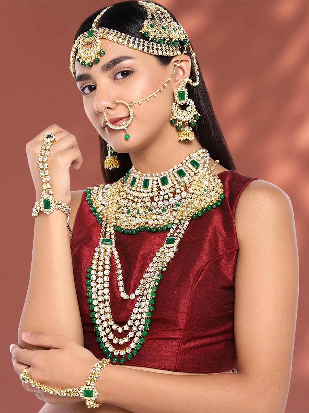 

Peora Gold-Plated Kundan Beaded & Green Bridal Jewellery Set