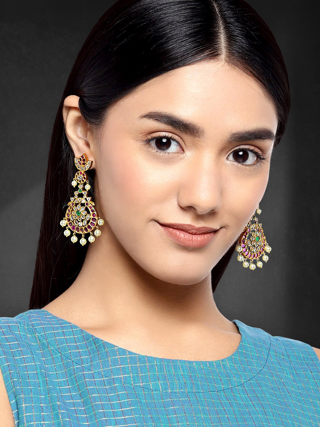 

Peora Gold-Plated & Red CZ-Studded Classic Temple Drop Earrings