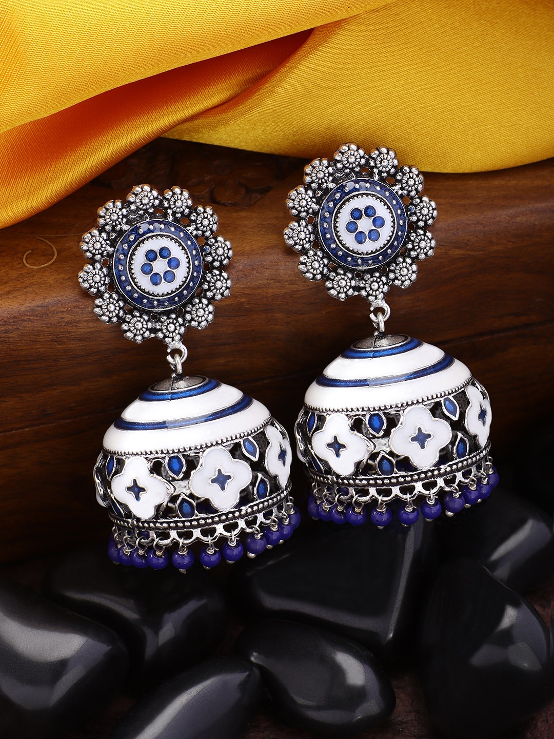 

Peora Silver-Plated & Blue Dome Shaped Meenakari Jhumkas