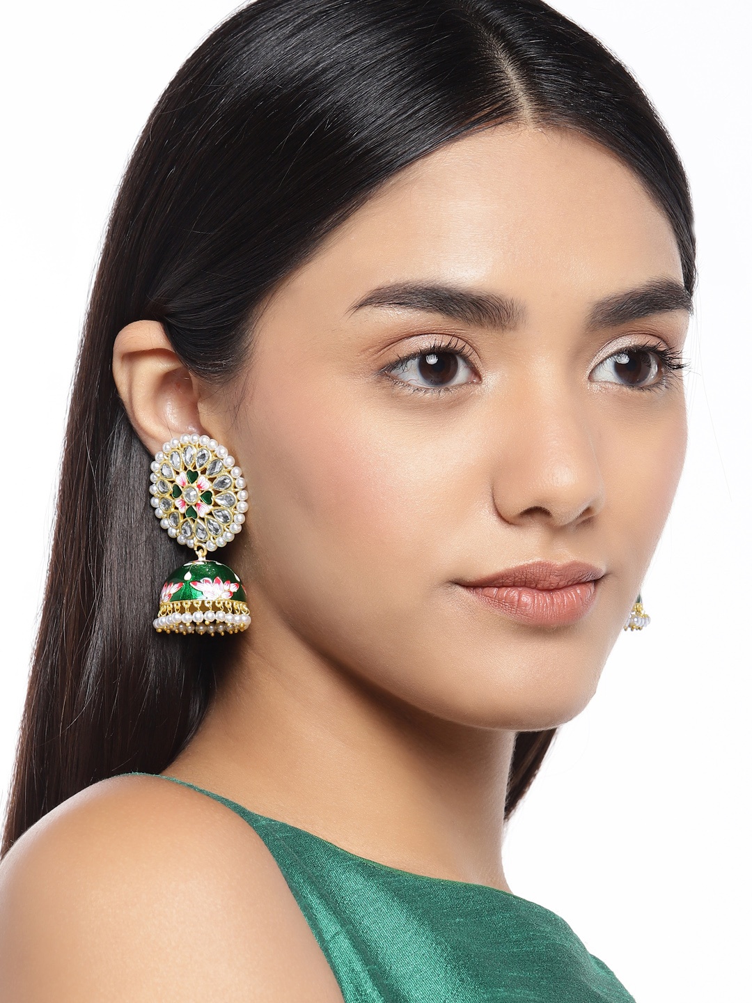 

Peora 18K Gold-Plated & Green Dome Shaped Meenakari Handwork Jhumkas