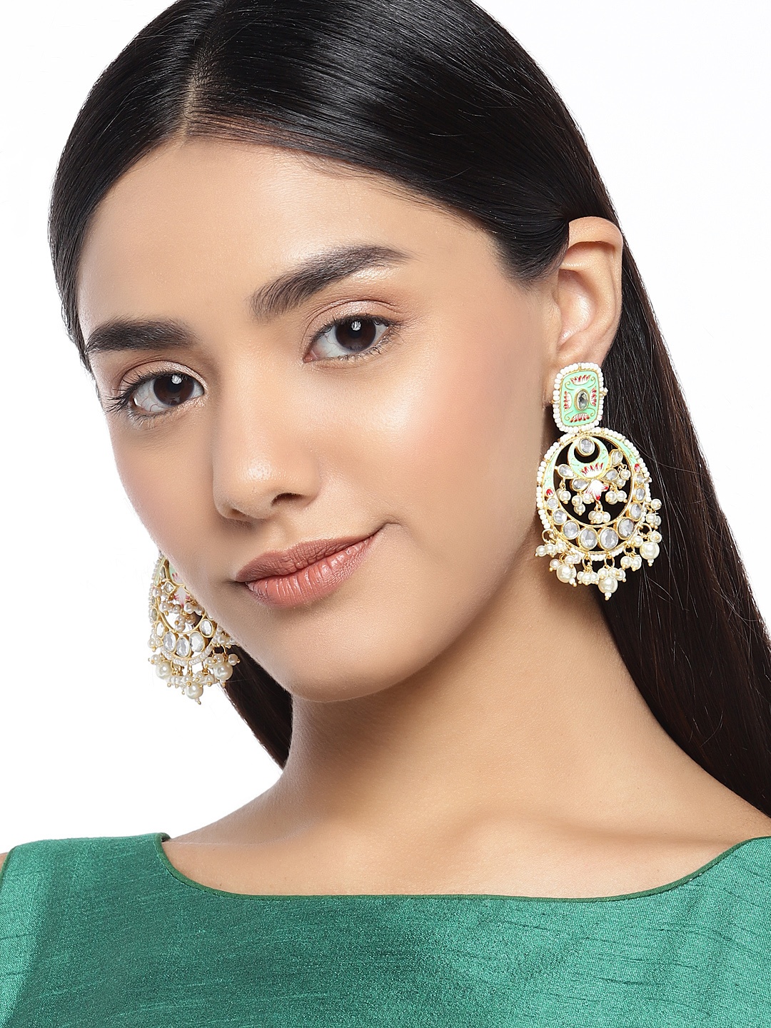 

Peora Gold-Plated & Sea Green Meenakari Enamelled Crescent Shaped Chandbalis