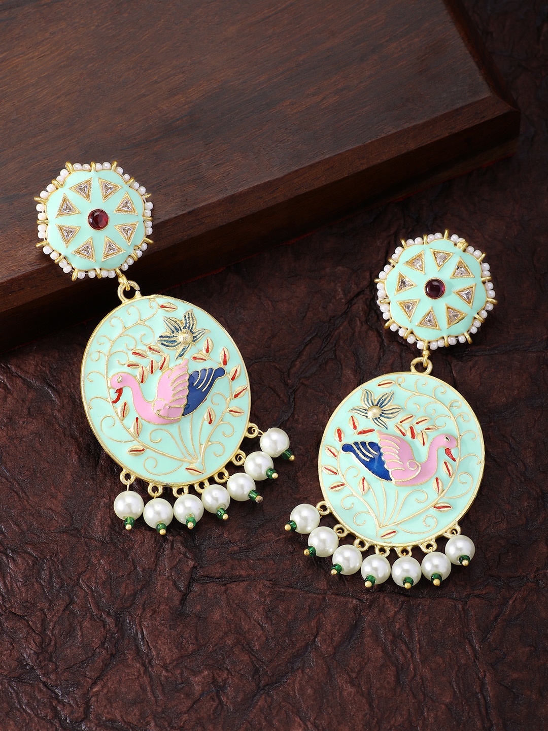 

Peora Gold-Plated & Sea Green Meenakari Classic Drop Earrings