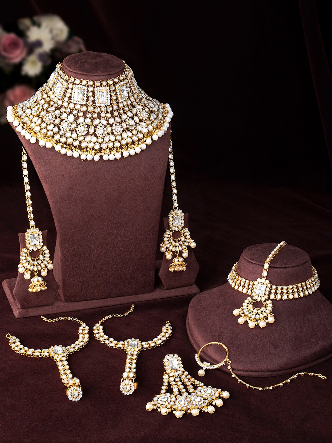 

Peora 18K Gold-Plated & White Kundan-Studded Akbar Bridal Jewellery Set