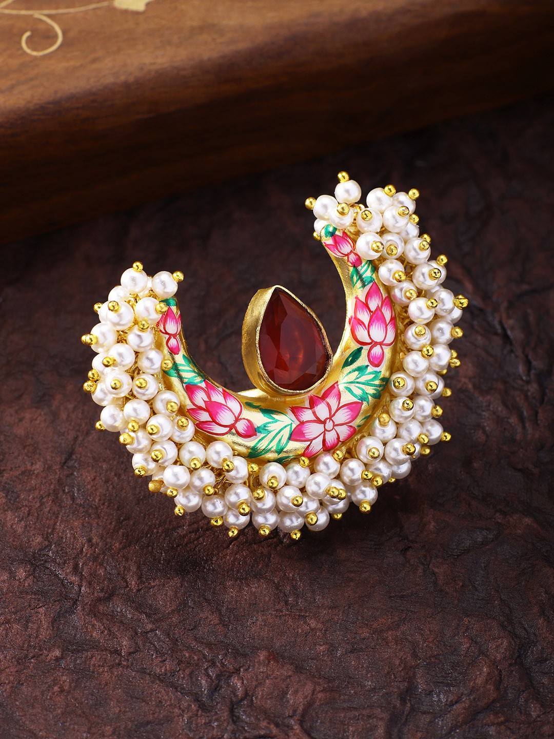 

Peora Gold-Plated Pink & White Jaipur Enamelled Traditional Moon Shaped Ring