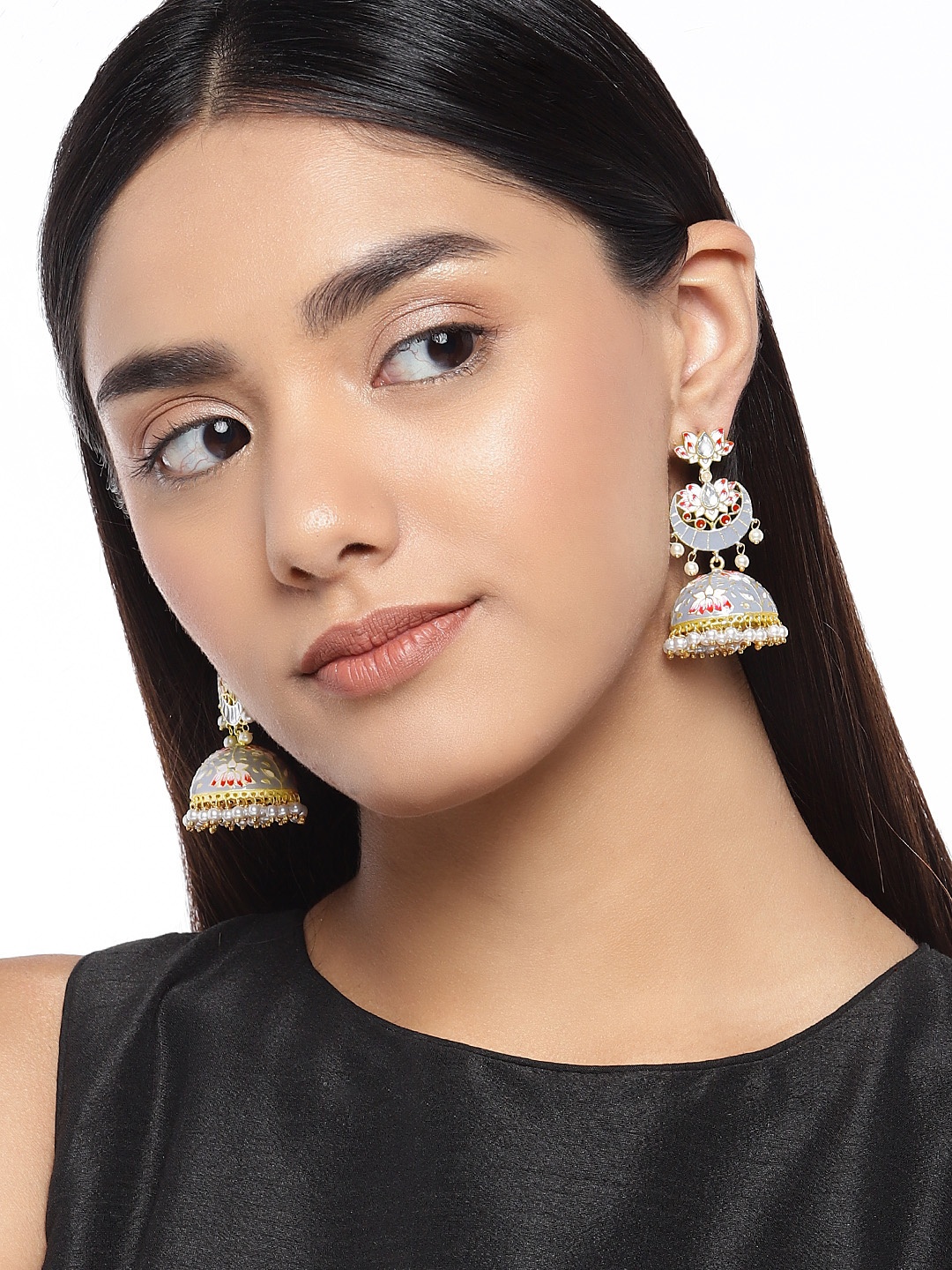 

Peora Gold-Plated & Grey Dome Shaped Meenakari Handwork Jhumkas