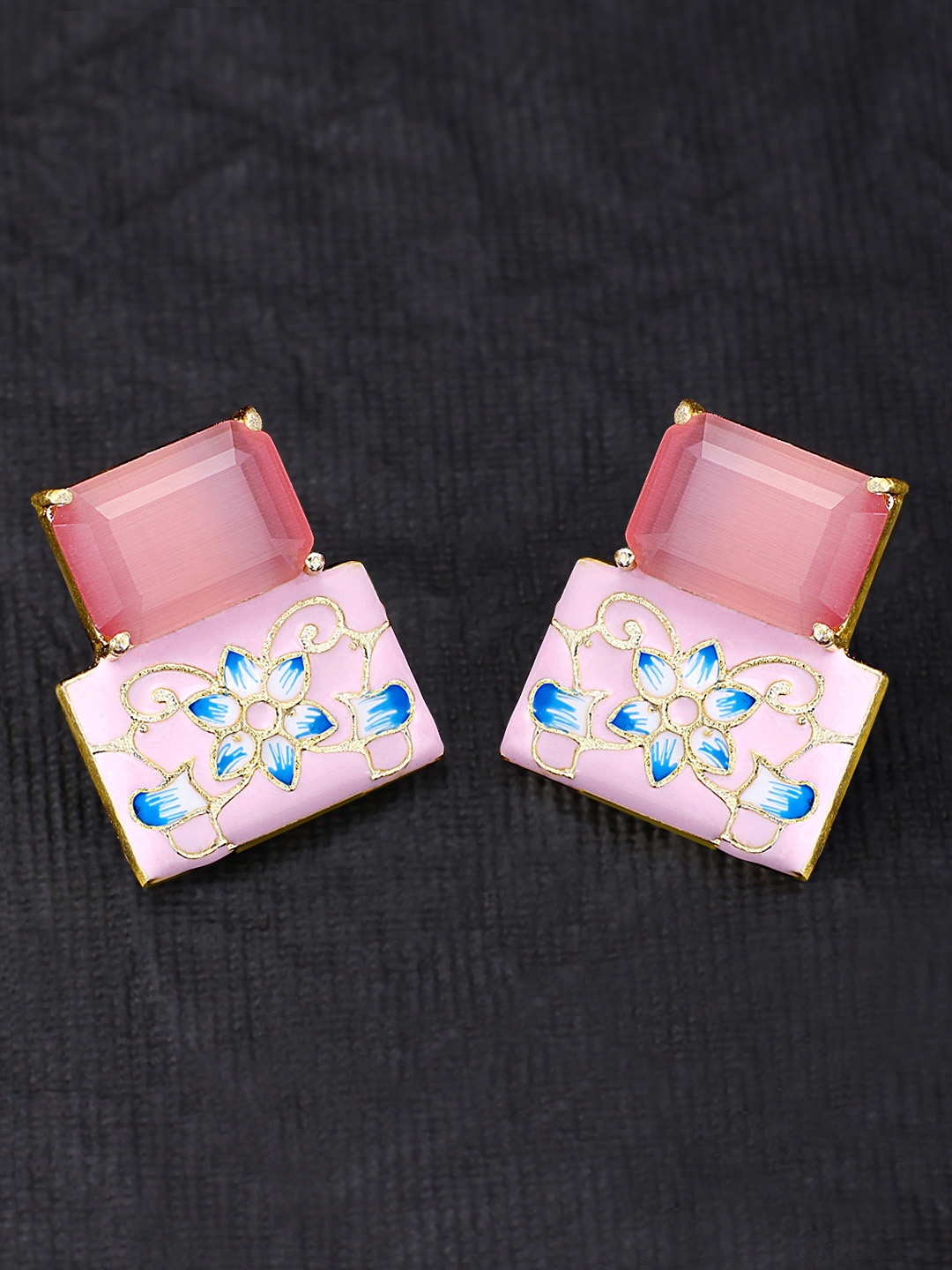 

Peora Pink & Blue Gold-Plated Enamelled Crystal Studded Geometric Studs