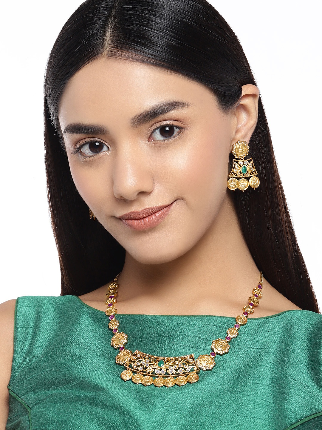 

Peora Gold-Plated Matte Finish Ruby Emerald Cubic Zirconia Stone Studded Jewellery Set