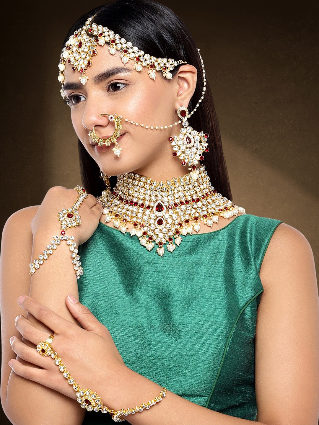 

Peora 18K Gold Plated & Maroon Cubic Zirconia Studded Traditional Jewellery Set