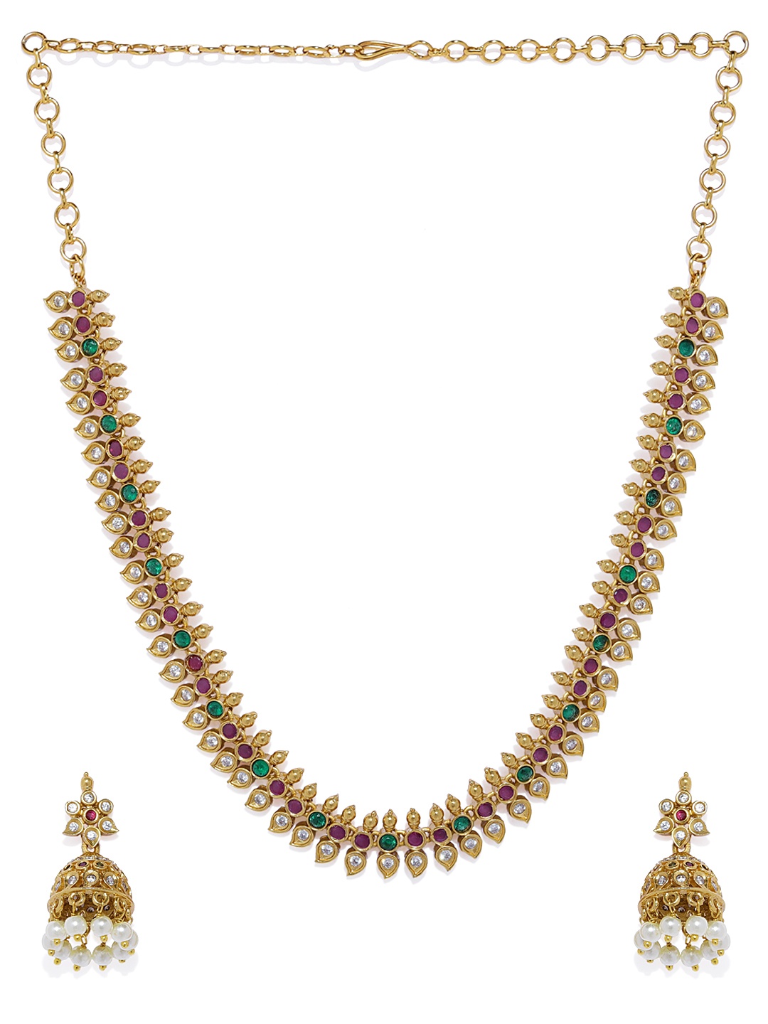 

Peora Gold-Plated Traditional Ruby Emerald CZ Studded Jewellery Set, Multi