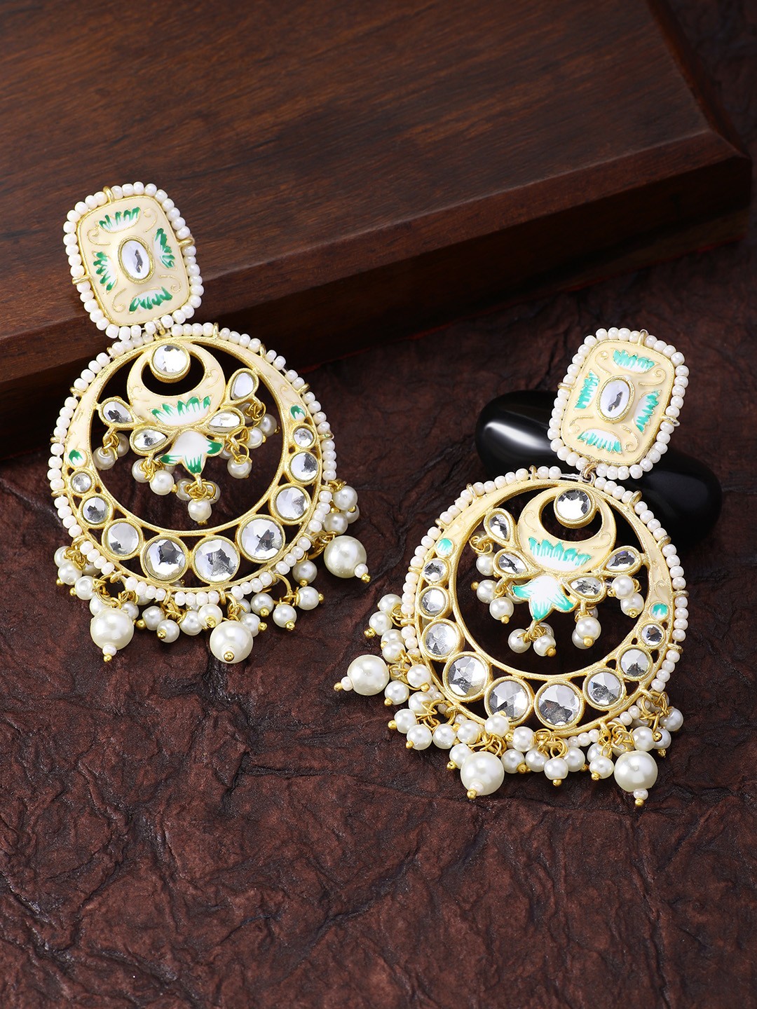 

Peora Gold-Plated & Cream-Coloured Meenakari Enamelled Crescent Shaped Chandbalis