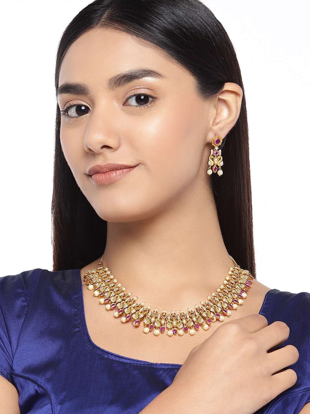 

Peora Gold-Plated Matte Finish Ruby Emerald Cubic Zirconia Stone Studded Jewellery Set