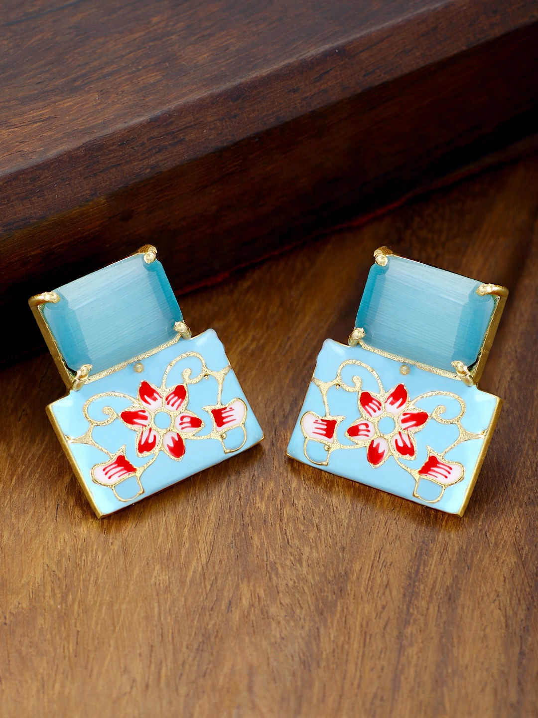 

Peora Blue & Red Gold-Plated Enamelled Crystal Studded Geometric Studs