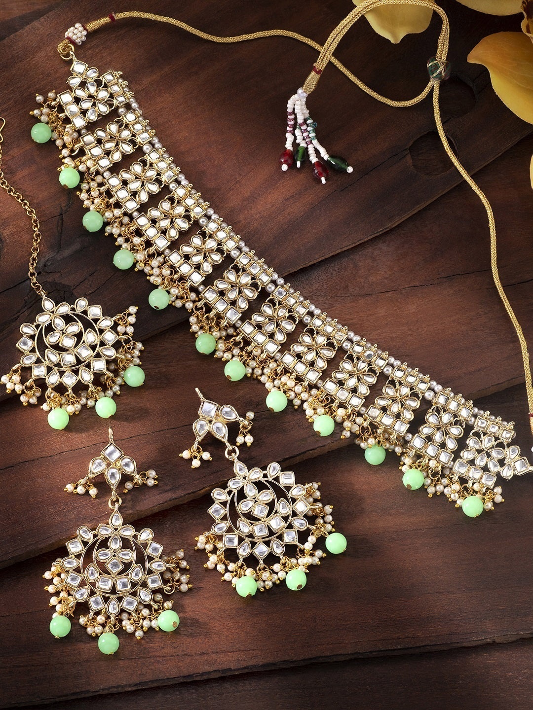 

Peora 18K Gold-Plated & Green Kundan Studded Jewellery Set