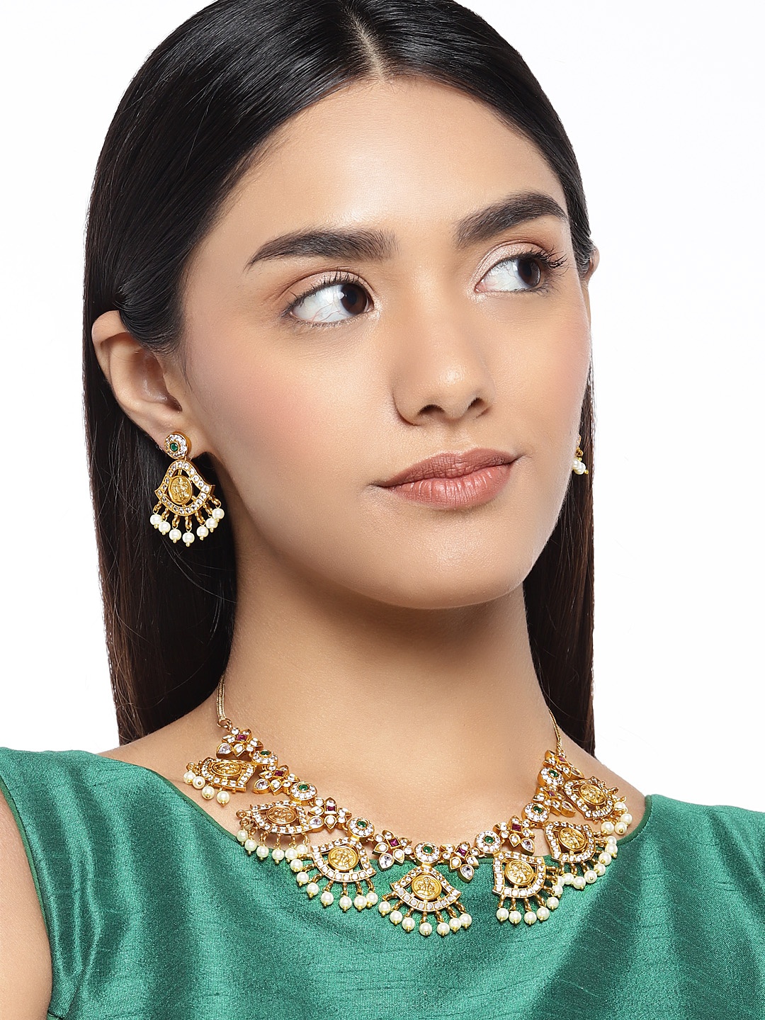 

Peora 18k Gold-Plated Traditional Designer Ruby Emerald CZ-Studded Jewellery Set