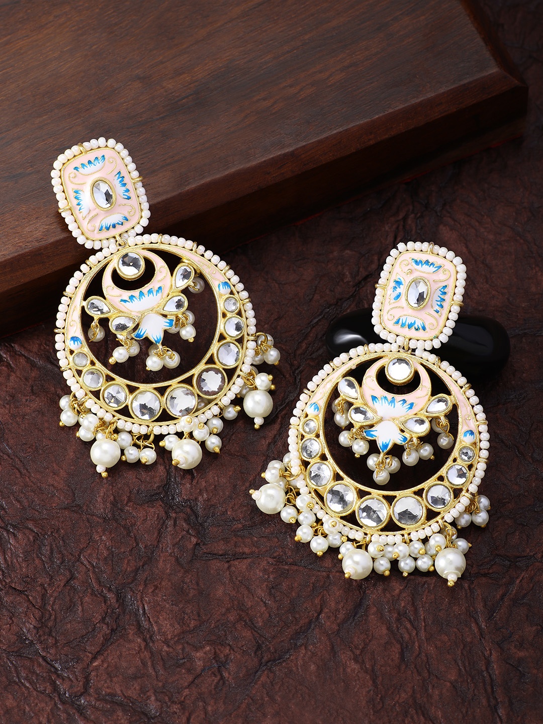 

Peora Rose Gold-Plated & Pink Meenakari Handwork Crescent Shaped Chandbalis