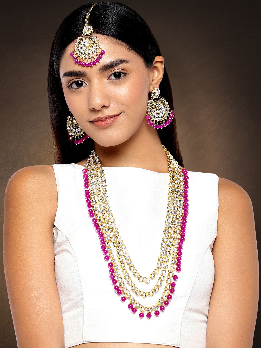 

Peora Gold-Toned & Pink Traditional Designer Kundan Jewellery Set