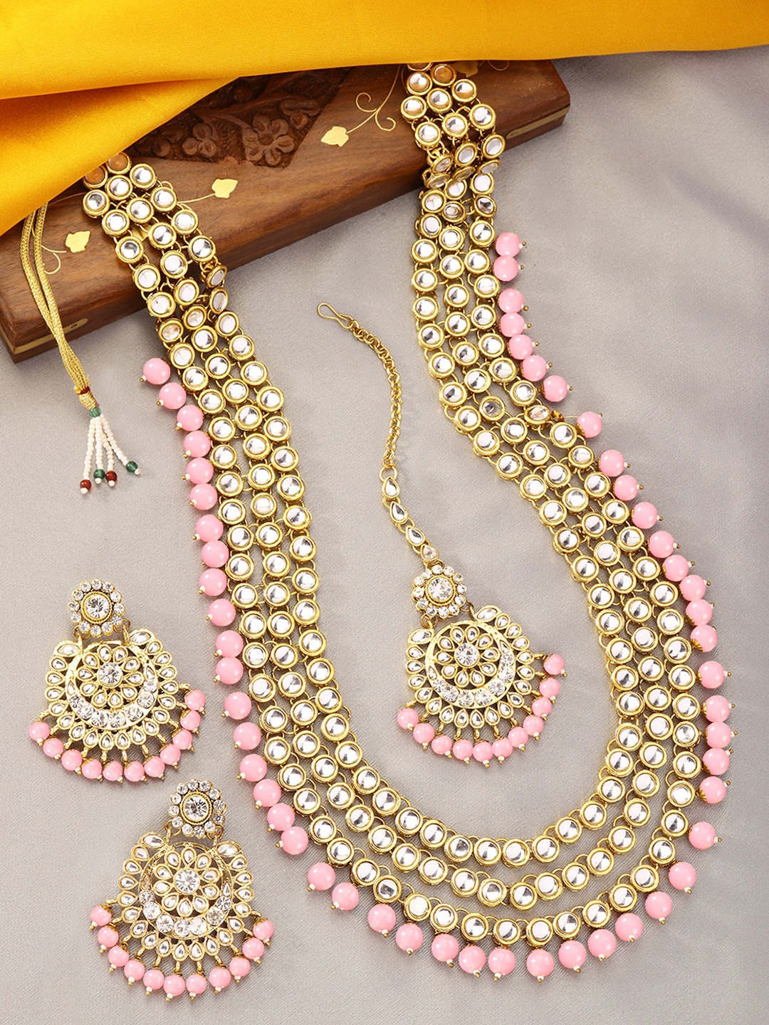 

Peora Pink & Gold-Toned Kundan Long Jewellery Set