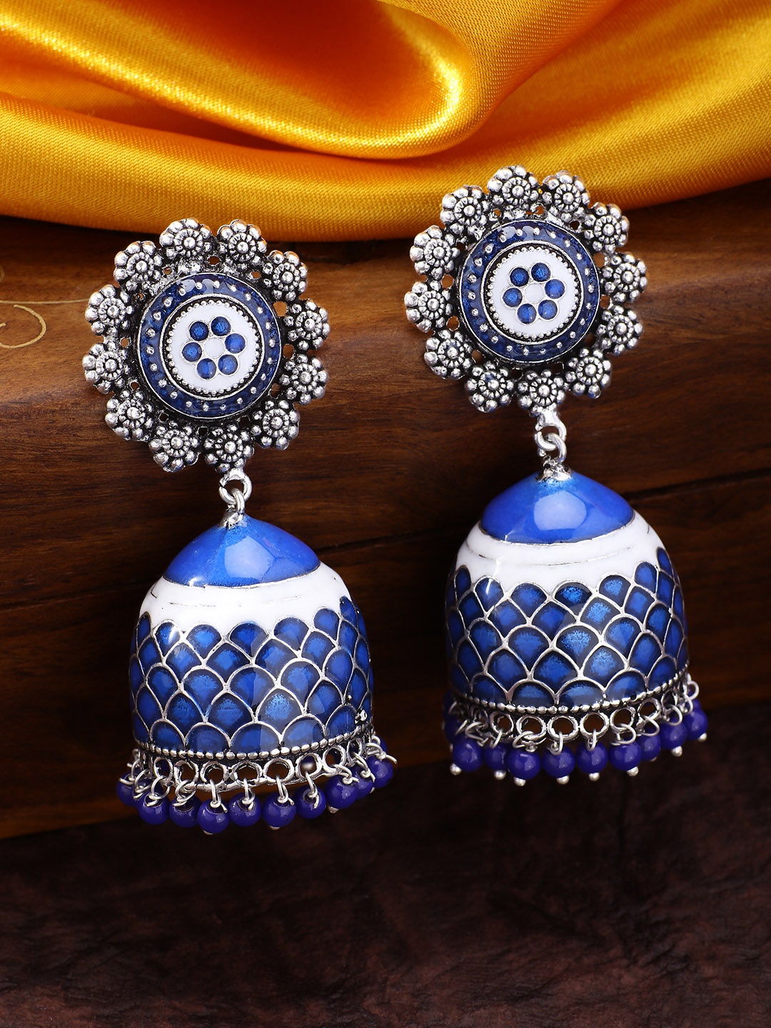 

Peora Silver-Plated & Blue Meenakari Dome Shaped Jhumkas