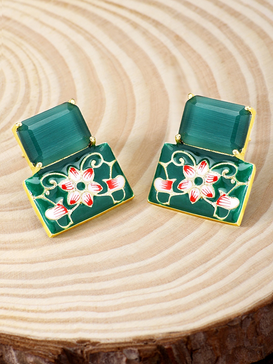

Peora Gold-Plated & Green Enamelled Handwork Geometric Studs